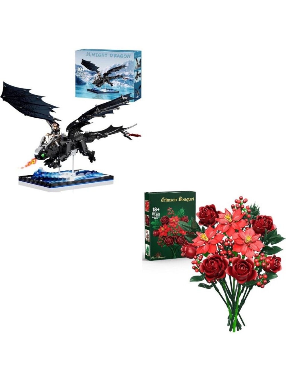 Night Dragon Building Set - Christmas Flowers & Rose Bouquet DIY Craft Kit